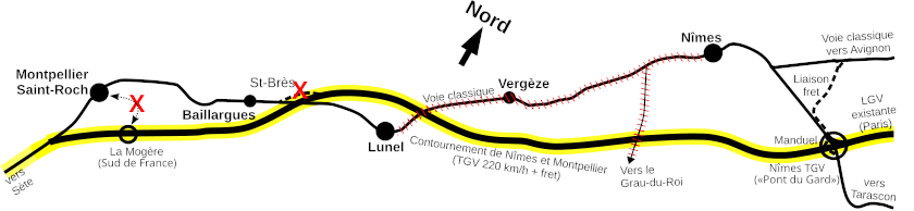 Voies fermées, et
        itinéraire du TGV
