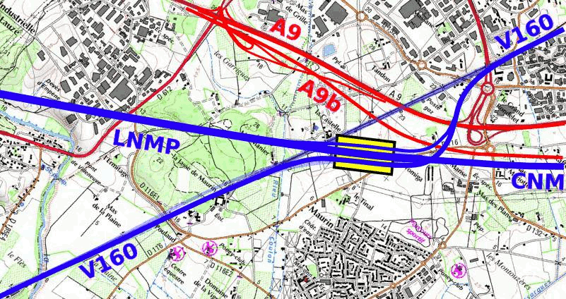 Emplacement
        alternatif de la gare TGV, sur la LNMP au nord de Maurin
